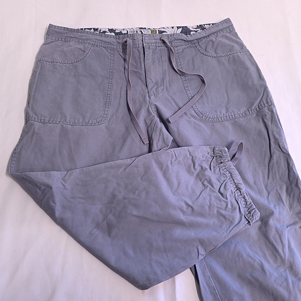 Y2K Old Navy Cargo Pants Women 10 Gray Blue Low Waist Cropped Drawstring Tie Hem